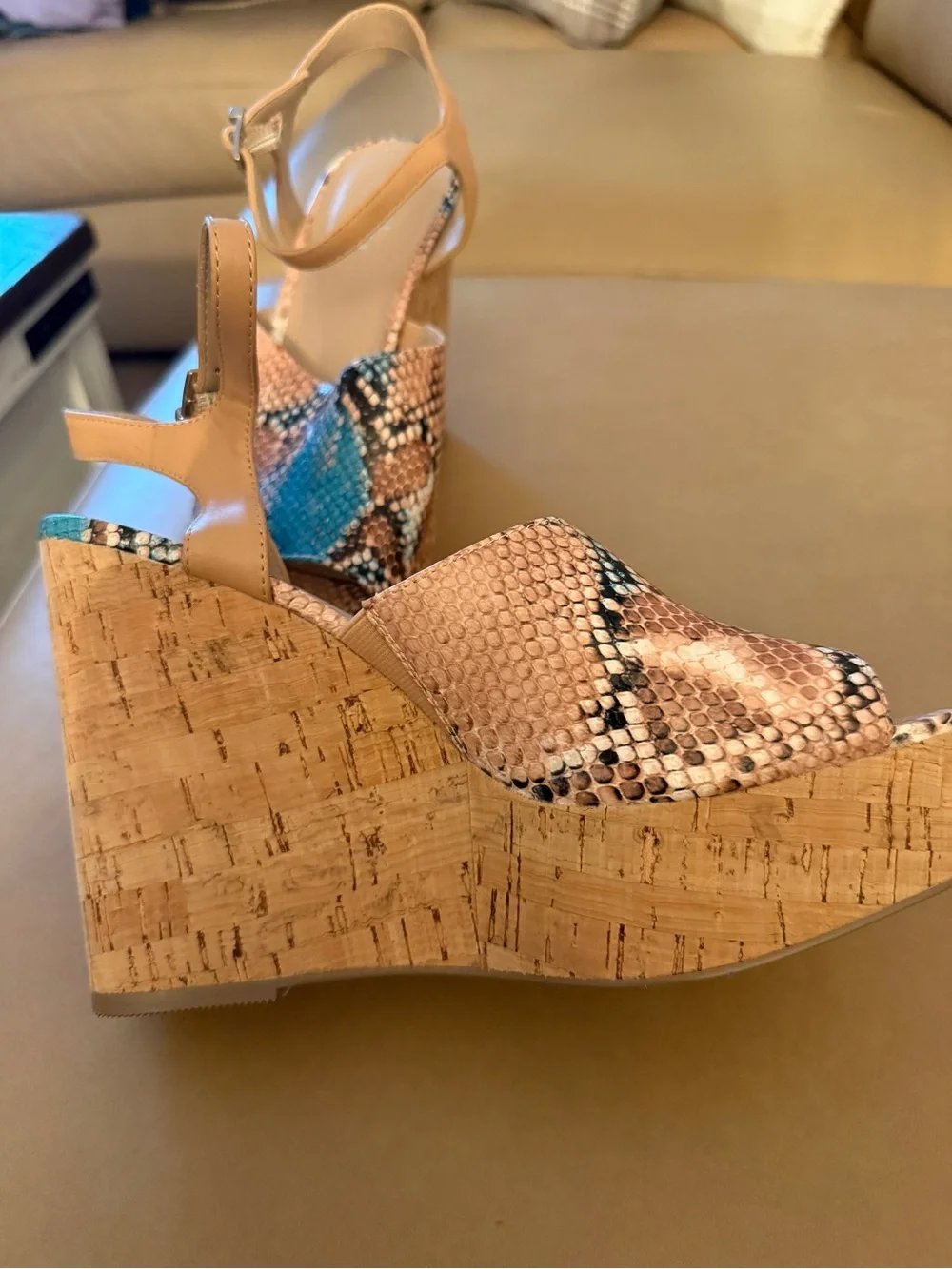 Charles By Charles David Tan & Teal Snake-Print Cork Wedge Sandals